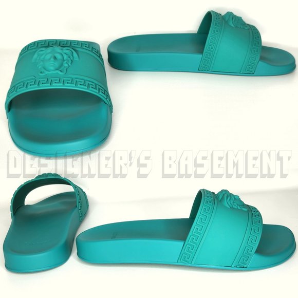VERSACE mens 42EU - 9US turquoise CARDINAL Medusa head FLIP-FLOP slide sandals - Picture 5 of 9